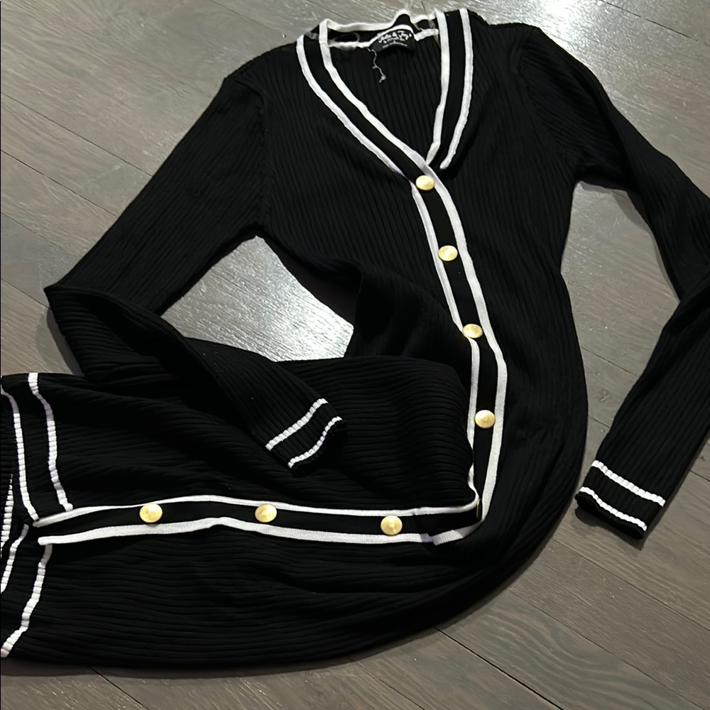 Black Ribbed Dress with White Trim and Gold Buttons